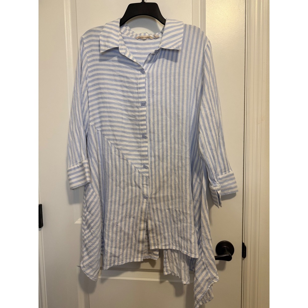 Soft Surroundings‎ Tunic Women Large Blue Excellent Striped Sharkbite Hem 27759